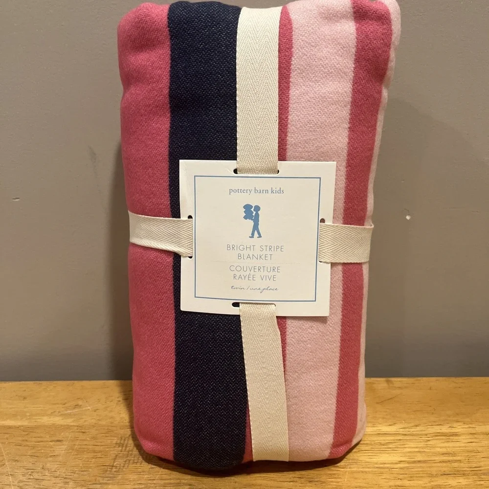 Pottery Barn Kids Bright Striped Blanket Pink Navy Twin New Knitted‎ Acrylic
